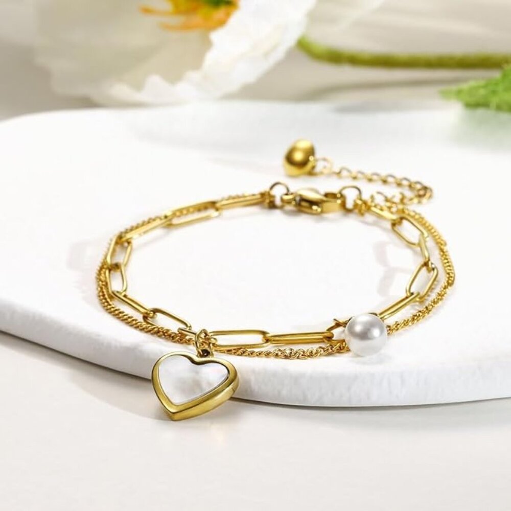 18k Gold Plated Paperclip Faux Pearl White Shell Inlay Heart Charm Bracelet